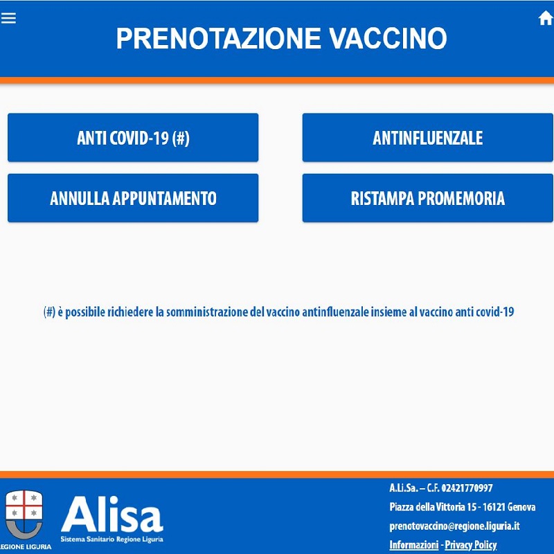 interfaccia della home page di prenotovaccino